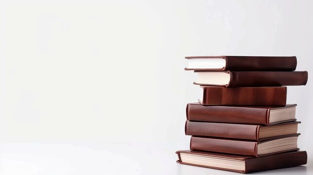 A chic stack of leather hardcover books arranged vertically, showcasing elegance and sophistication on a white backdrop.