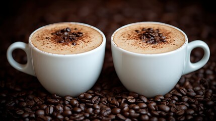 Fototapeta premium Freshly brewed coffee served in white cups on a bed of coffee beans, creating a rich texture and inviting aroma