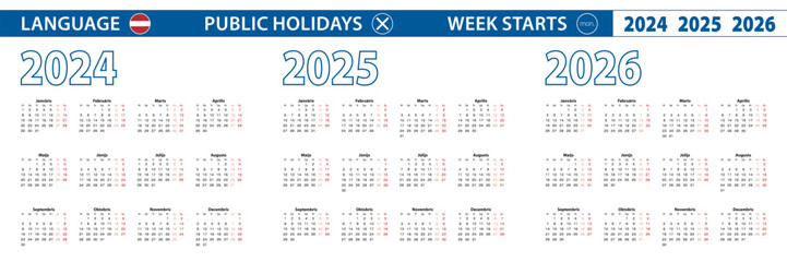 Simple calendar template in Latvian for 2024, 2025, 2026 years. Week starts from Monday.