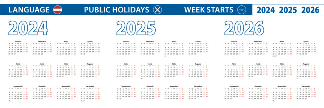 Simple calendar template in Latvian for 2024, 2025, 2026 years. Week starts from Monday.