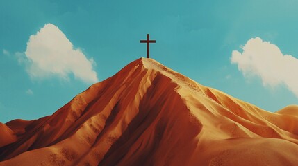 Cross atop a desert mountain peak under a blue sky.