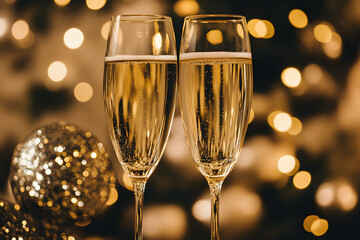 Two Elegant Champagne Glasses Clinking Together Amidst Sparkling Background for Celebration