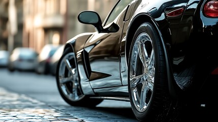 Sleek Black Sports Car on City Street. Concept of Luxury, Speed, and Urban Lifestyle.