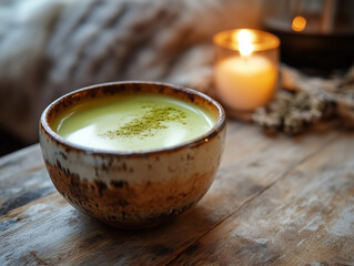 Frothy matcha latte, bright green with delicate foam art, natural background, soft light
