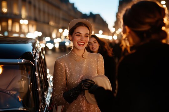 A stylish lady, exuding confidence and poise, is engaged in conversation while wearing a sparkling outfit which perfectly captures the charming ambiance of a delightful evening.