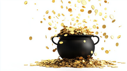 Minimalist pot of gold icon with coins spilling out, clean black and gold design on white background, simple and festive 