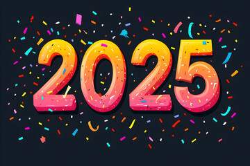 "2025" text with colorful confetti on black background. Bold typography lettering with vibrant colors. New Year celebration concept. Design for banner, poster, social media post, card
