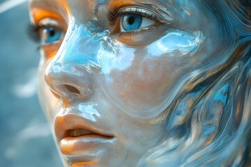 Close-up view of a futuristic humanoid with reflective skin