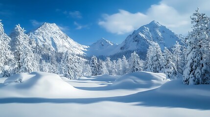 Winter wonderland landscape with snow covered mountains and trees. Concept of serene winter beauty.