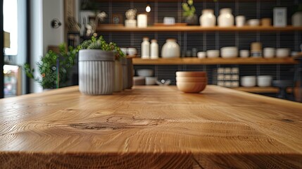 Rustic Wooden Table with Blurred Background of Shelves and Plants