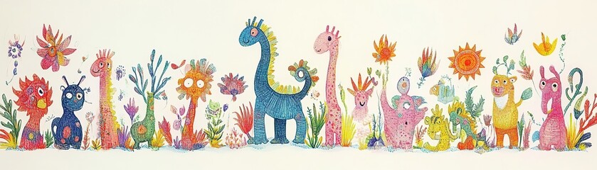 Colorful cartoon dinosaurs and animals in a whimsical garden scene children's art vibrant nature playful concept
