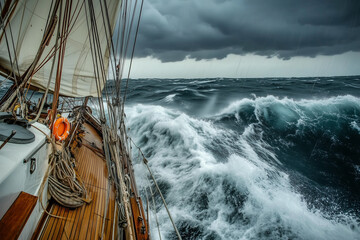 Obraz premium Sailing ship in a stormy ocean, dark clouds, high waves, intense lighting, focus on power and adventure 