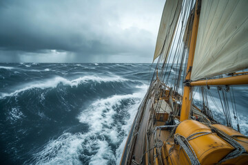 Sailing ship in a stormy ocean, dark clouds, high waves, intense lighting, focus on power and adventure 