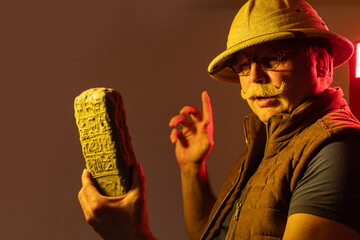 A funny elderly archaeologist from the 19th century holds an Egyptian antiquity cuneiform clay...