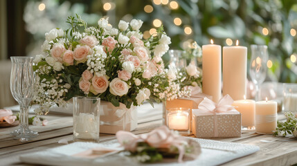 Elegant flower arrangement with candles and decor on a table