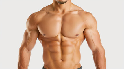 Fototapeta premium A strong and fit male figure stands tall, showcasing impressive muscle definition against a clean white backdrop.