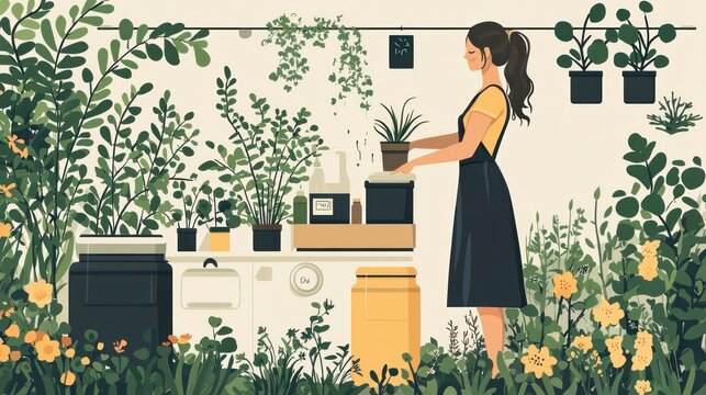 Eco-Friendly Gardening: Woman Demonstrating Greywater Recycling for Sustainable Plant Irrigation in 2D Flat Illustration