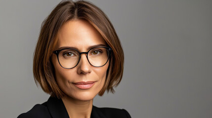 Fototapeta premium A confident businesswoman stands poised, her direct gaze reflecting determination and professionalism for career inspiration.