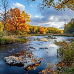 Obraz premium Autumn river reflection scenic park nature photography colorful landscape serene environment tranquil viewpoint