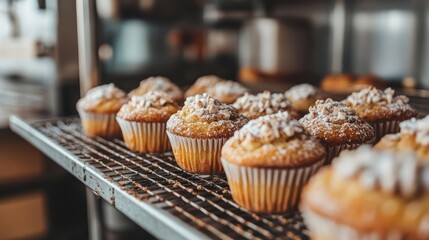 Freshly baked muffins cooling on a rack in a cozy bakery setting.