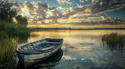 Fototapeta premium Tranquil Sunset on a Serene Lake with Old Rowboat. Concept of Peace and Solitude.
