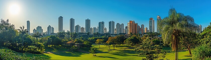 Obraz premium Urban skyline view from park modern cityscape nature and architecture sunny day panoramic perspective for seo impact