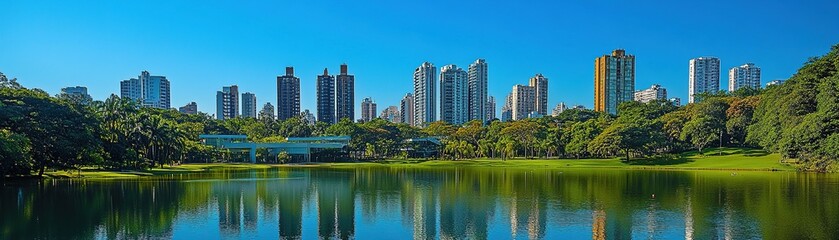 Fototapeta premium Scenic city skyline reflection urban park landscape photography bright day aerial view nature and architecture harmony