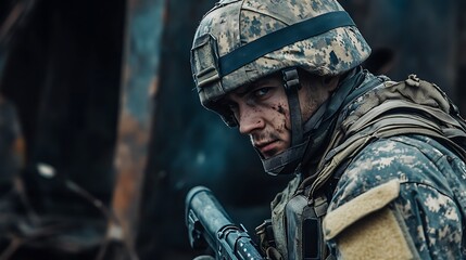 Fototapeta premium Focused Soldier in Action. Concept of Military Duty, War, and Conflict.