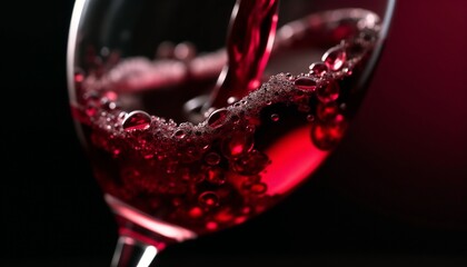 Captured in detail, the pouring of vibrant red wine into a glass evokes elegance and relaxation, creating a mesmerizing visual of liquid filling the rimmed glass against a dark background.

