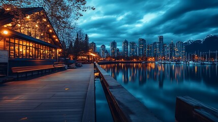 Obraz premium Vancouver Waterfront at Dusk. Cityscape, Harbor, Restaurant, Calm.