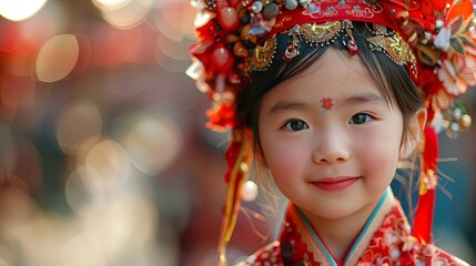 Young Girl in Elaborate Red Chinese Festive Headwear