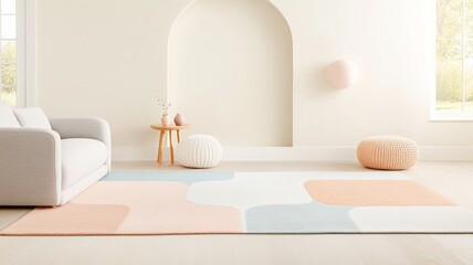 A contemporary living room with a large, color-blocked rug in abstract shapes of blue, pink, and gray, paired with simple furniture and handcrafted decorative accents