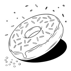 Detailed black and white line art of a donut topped with sprinkles. Minimalistic food-themed illustration ideal for coloring or design projects.
