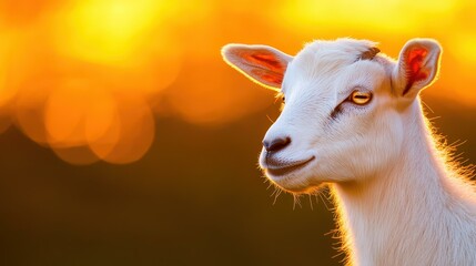 Obraz premium A serene white goat basks in the warm glow of sunset, with a dreamy, blurred backdrop enhancing the tranquil scene.