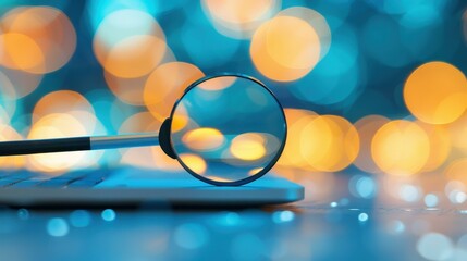 A sleek laptop screen displays a magnifying glass, highlighting the concept of digital information analysis and online research.