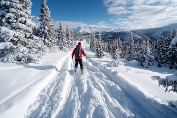 A lone skier traverses a snow-covered trail surrounded by majestic trees and mountains under a bright blue sky, capturing the tranquility of winter nature.