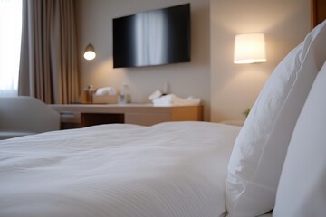 A charming bedroom setup featuring plush bedding, a wall-mounted TV, and elegant decor that promotes a sense of coziness and inviting atmosphere for relaxation.
