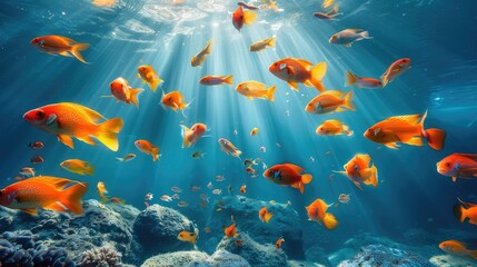 Fototapeta premium A vibrant underwater scene filled with goldfish and sun rays illuminating the ocean.