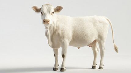 Fototapeta premium A pale cream cow with a subtle golden undertone, standing confidently, ears slightly perked. The image uses clean graphic realism with an emphasis on soft light and delicate fur patterns. Positioned a