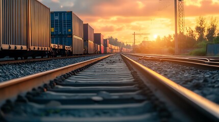 Fototapeta premium Freight train tracks leading to sunset. Concept of global trade, logistics, and transportation.