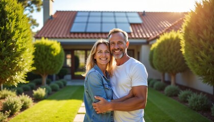 Happy couple standing outside their home equipped with modern solar panels, symbolizing renewable energy and sustainable living, surrounded by a beautifully landscaped garden on a bright sunny day.

