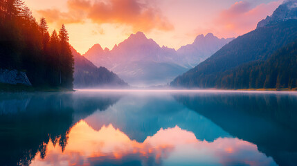 A serene morning view of Fusine Lake during a colorful summer sunrise, with Mangart Peak in the background, highlighting the natural beauty of the Julian Alps in Italy.
