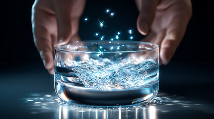 mesmerizing display of water splashing in glass bowl, creating sparkling droplets