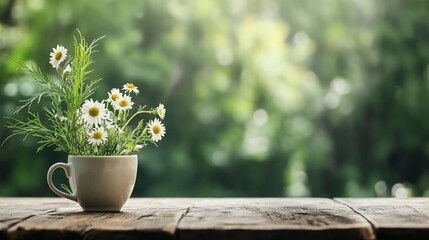 Daisies in a cup on rustic wooden table, nature background.