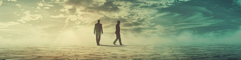 Two Figures on a Cracked Landscape Under a Divided Sky