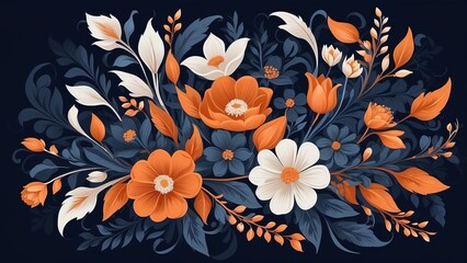  Colorful floral pattern with red and white flowers on black background