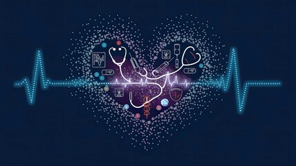 Obraz premium Abstract Animation of Moving Dots and Lines Forming a Heartbeat Pattern with Medical Icons on a Dark Blue Background