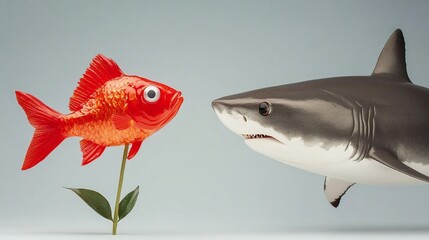 Goldfish on plant facing shark.