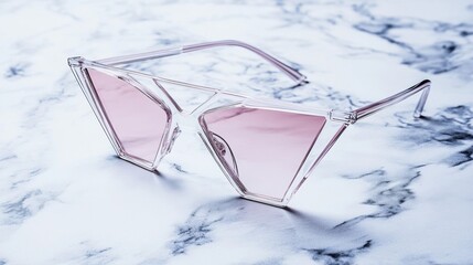 Stylish geometric sunglasses with pink tinted lenses resting on a marble surface, perfect for fashion enthusiasts and summer days, adding flair to any outfit