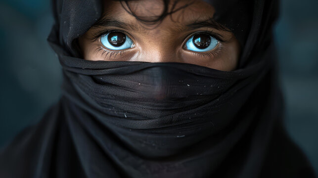 A young veiled girl sits on the ground, expression revealing her hardships and resilience amidst challenging circumstances.